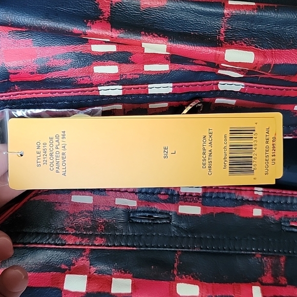 Tory Burch RARE allover painted plaid NWT Buttery Leather Crop jacket large - Picture 14 of 16